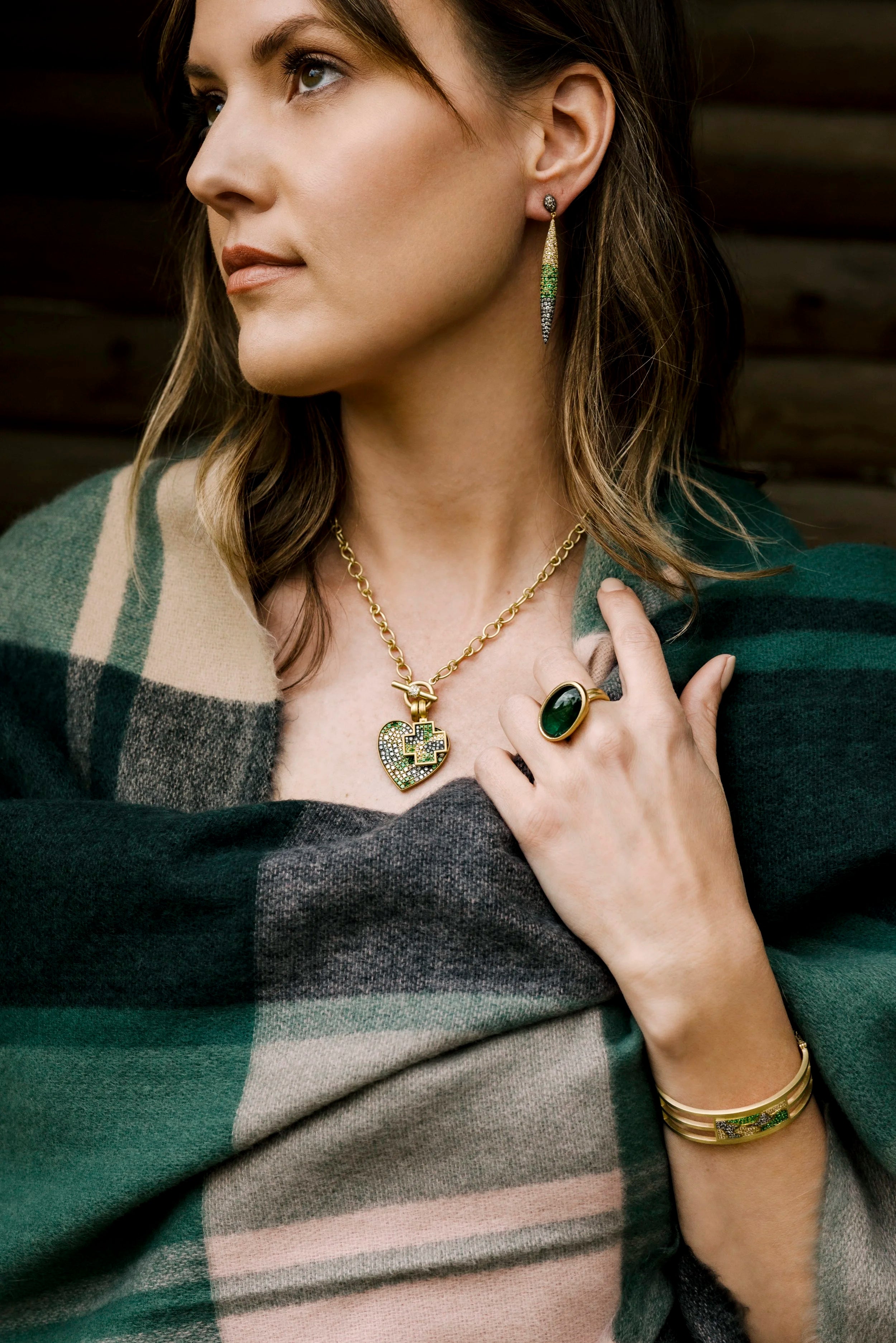 East/West Tourmaline Ring with Scalloped Diamonds
