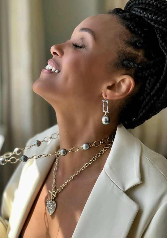 Long Pavé Frame Earrings - Grey Diamond & Tahitian Pearls