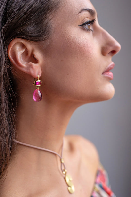Bezel Set Gemmy Drop Earrings - Pink Tourmaline