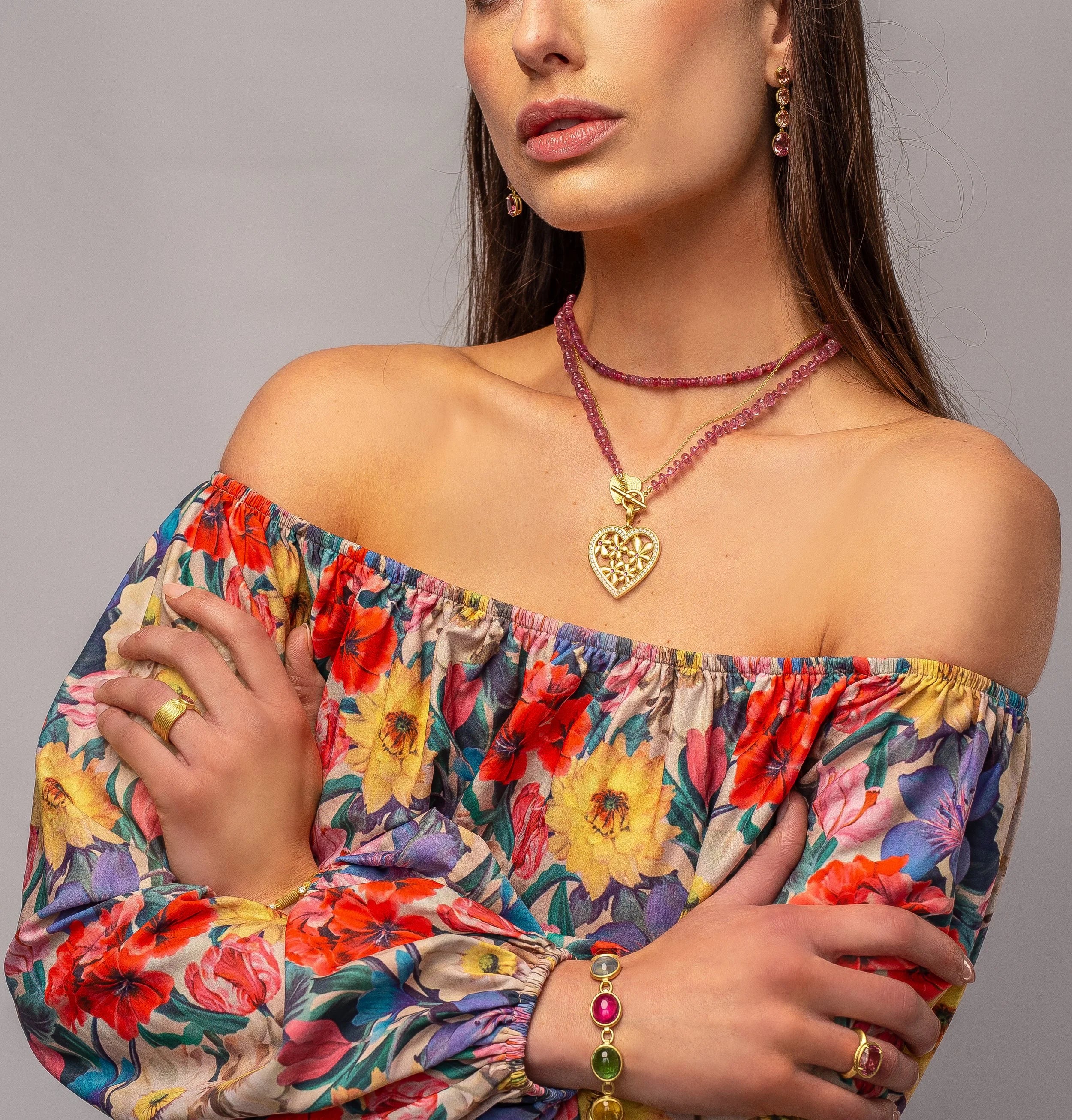 Flora Frame Heart Pendant - Diamond & Pink Sapphire