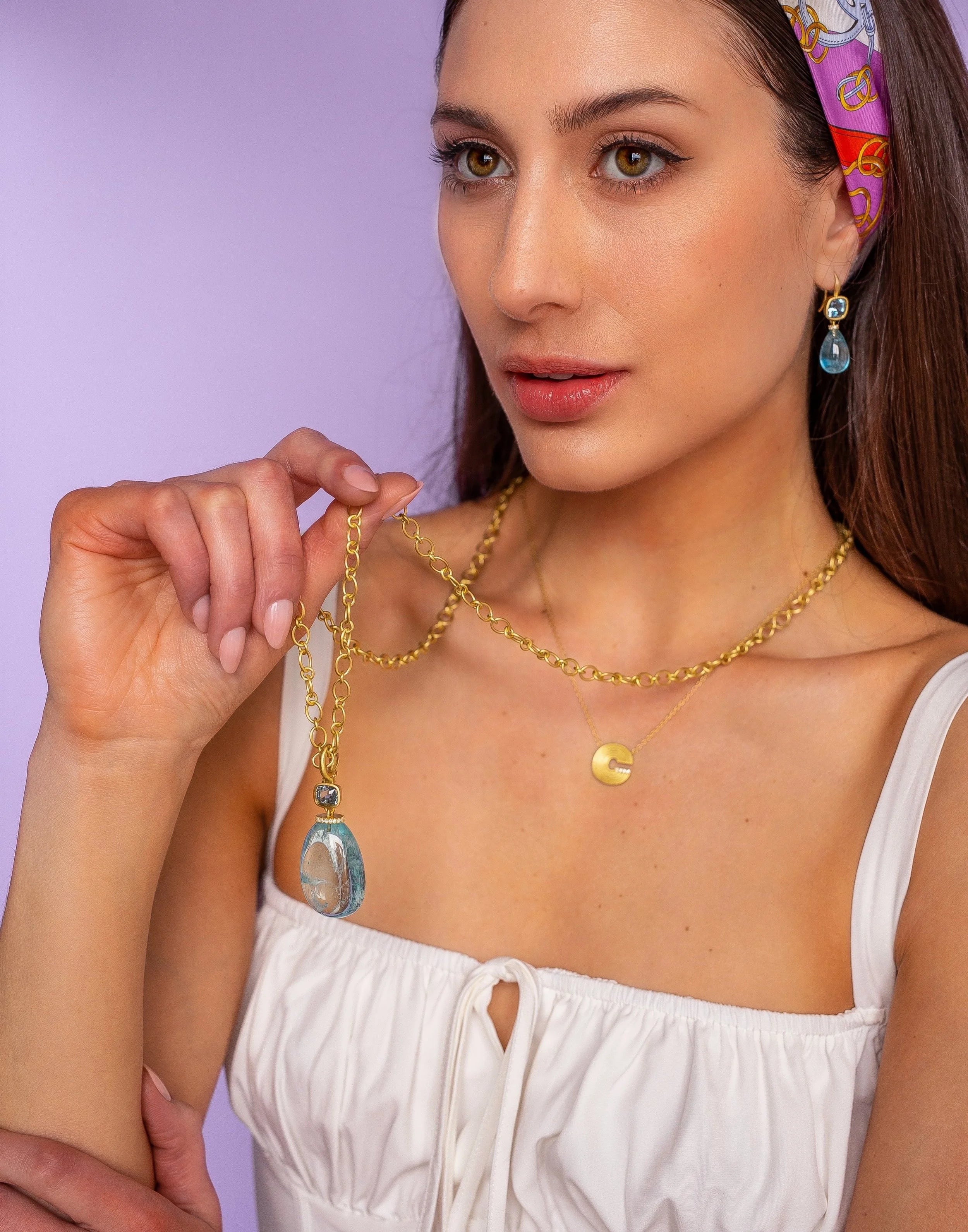 Small Ridged Initial Necklace with Pavé - Diamond