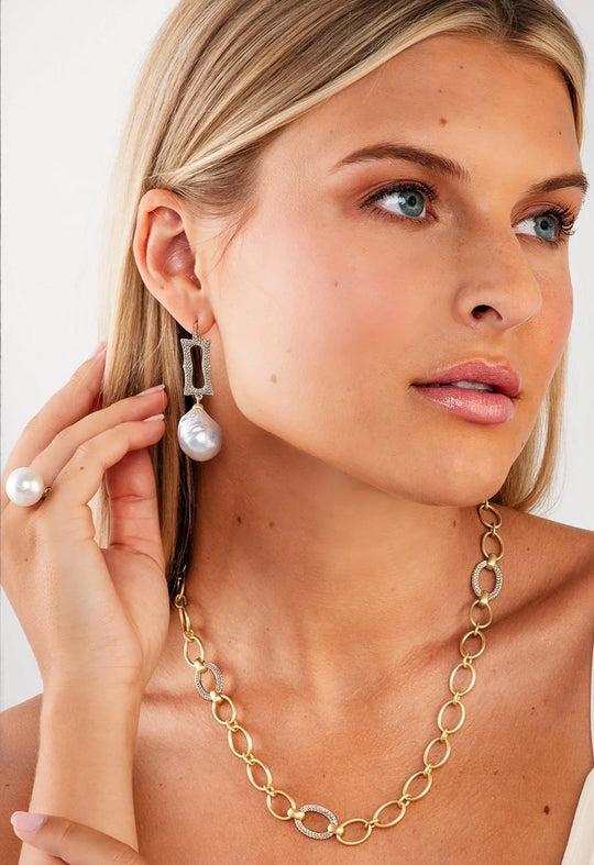 Long Pavé Frame Earrings - Diamond & White South Seas Pearls