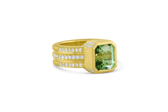 Bar Wide Band Ring with Green Tourmaline