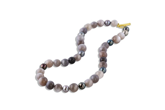 Bahari Knotted Grey Moonstone & Tahitian Pearl Necklace