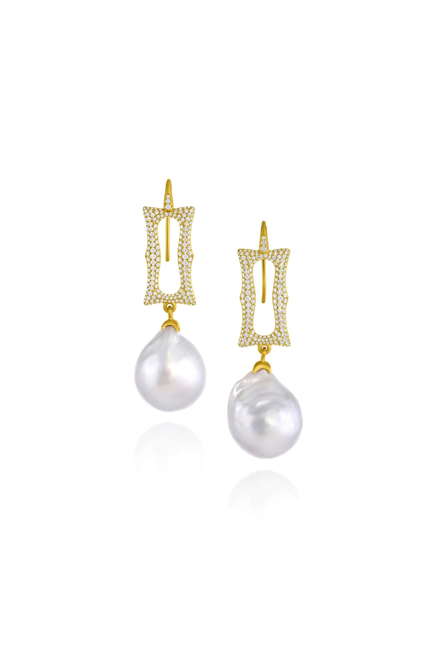 Long Pavé Frame Earrings - Diamond & White South Seas Pearls