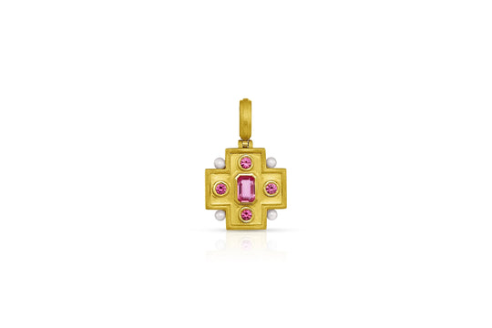 Bezel Set Cross Pendant - Pink Sapphire & Akoya Pearl