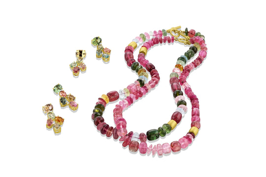 Pink Tourmaline Beads w/2 Smooth Gold Beads
