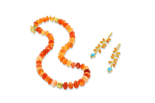 Fire Opal Beads w/2 Smooth Gold Beads