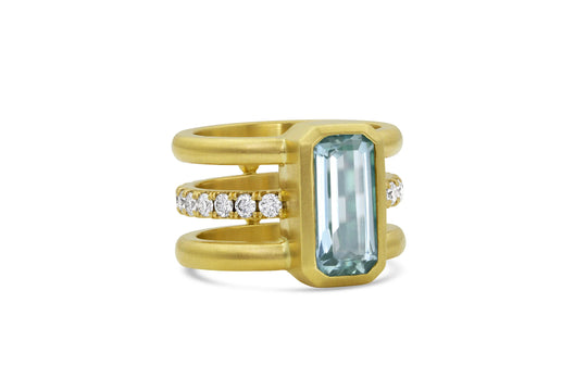 Bar Triple Band Ring with Aquamarine & Pavé