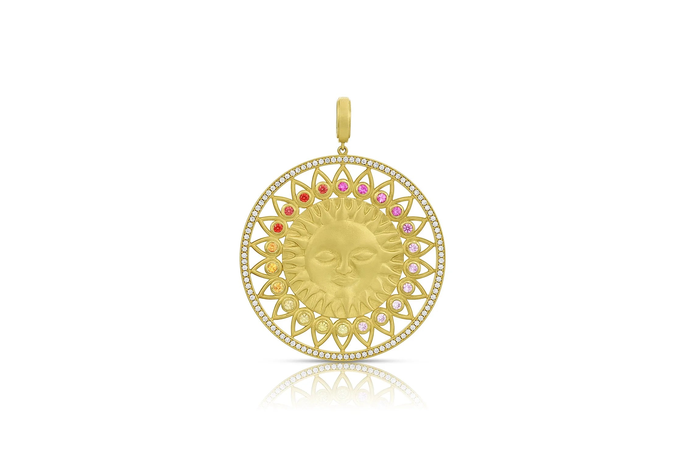 Sun Medallion Pendant - Diamond & Pink, Orange, Yellow Sapphire Ombre