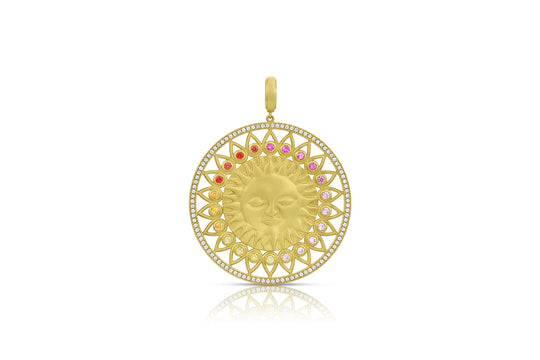 Sun Medallion Pendant - Diamond & Pink, Orange, Yellow Sapphire Ombre