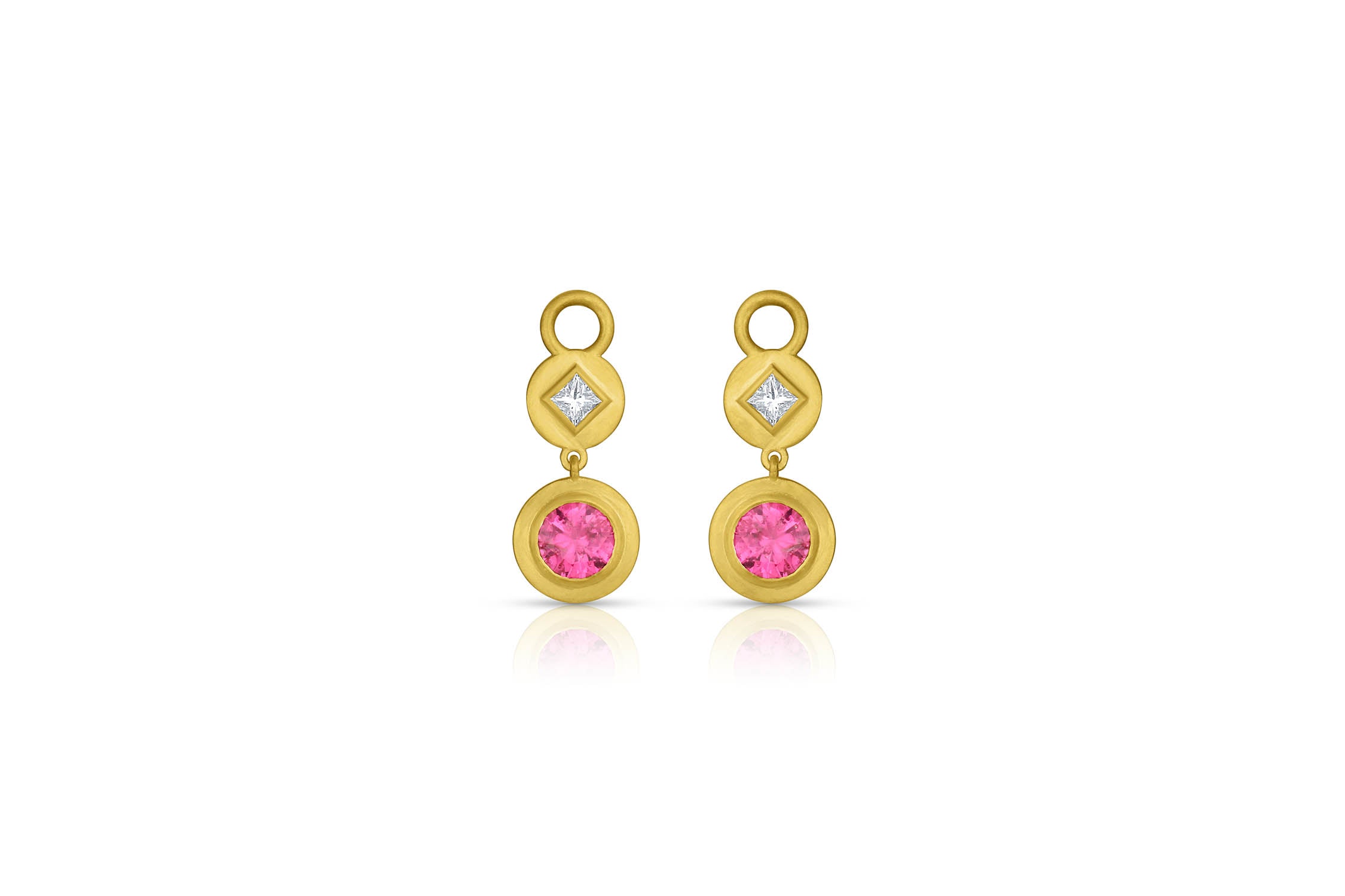 Princess Cut Diamond & Gemstone Earring Charms - Round Pink Tourmaline