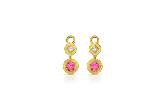 Princess Cut Diamond & Gemstone Earring Charms - Round Pink Tourmaline