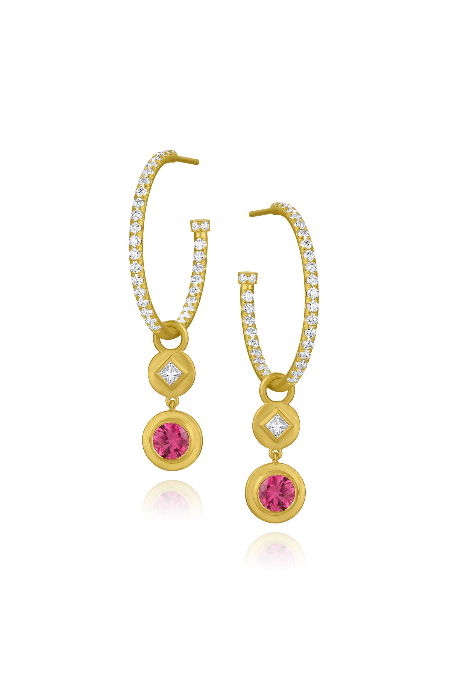 Princess Cut Diamond & Gemstone Earring Charms - Round Pink Tourmaline
