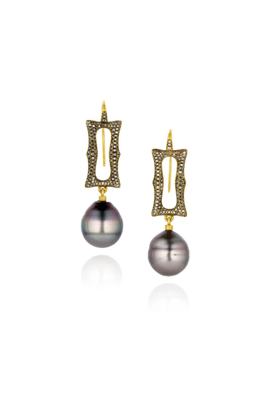 Long Pavé Frame Earrings - Grey Diamond & Tahitian Pearls