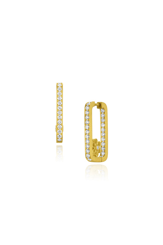 Long Rectangular Hoop Earrings with Flower - Diamond