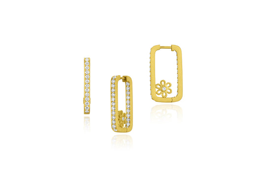 Long Rectangular Hoop Earrings with Flower - Diamond