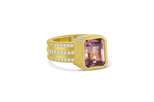 Bar Wide Band Ring with Rose Zircon