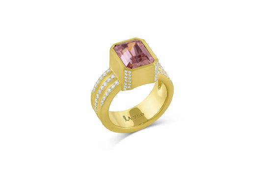 Bar Wide Band Ring with Rose Zircon