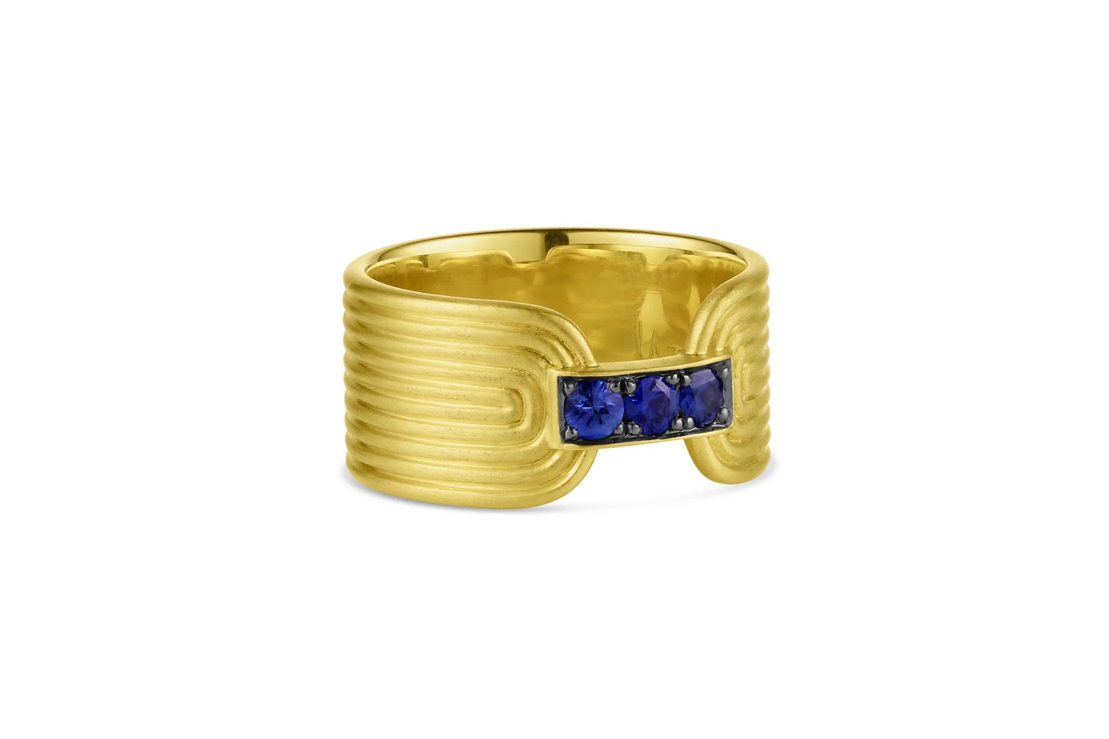 Ridged Band with Pavé Bar - Blue Sapphire