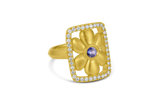Flower Frame Ring with Pavé - Blue Sapphire