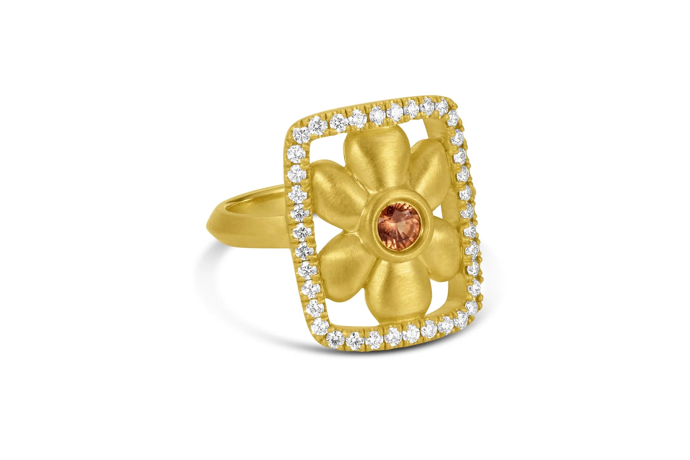 Flower Frame Ring with Pavé - Orange Sapphire
