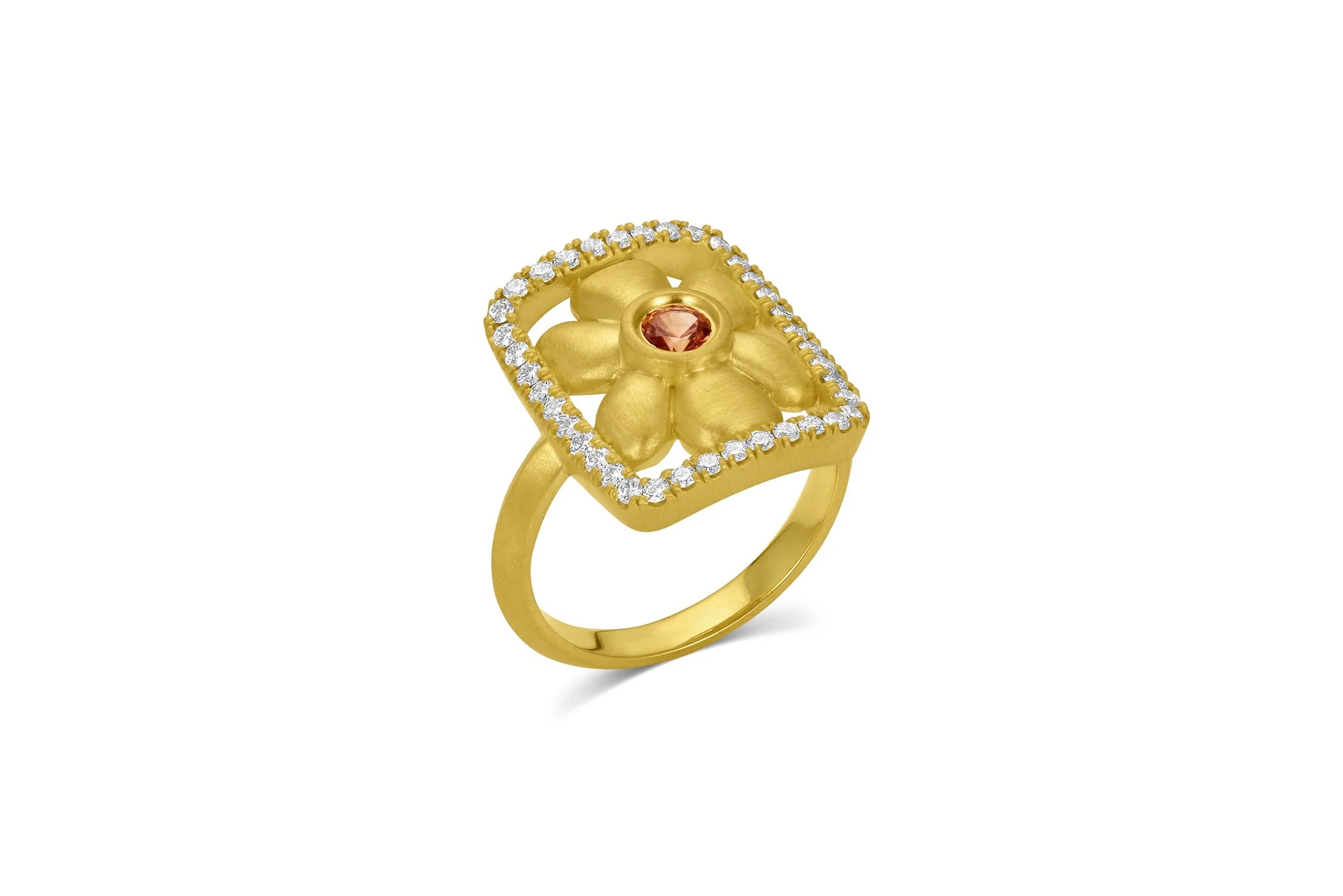 Flower Frame Ring with Pavé - Orange Sapphire